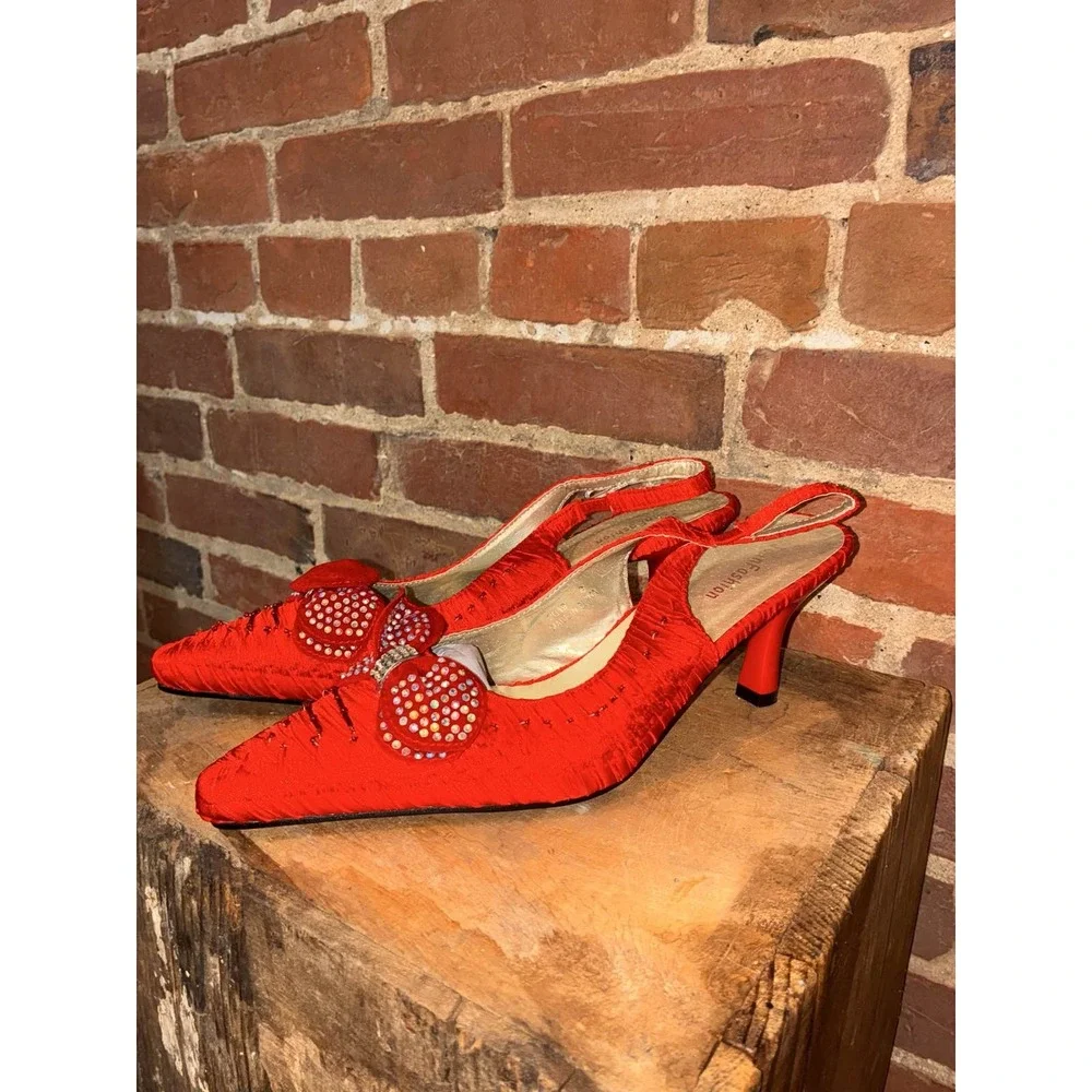 John Fashion‎ Red Rhinestone Pointed Toe Bow Slingback Heels Women's 9